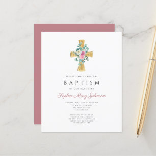 Budget Pink Floral Peonies Cross Baptism Invitatio