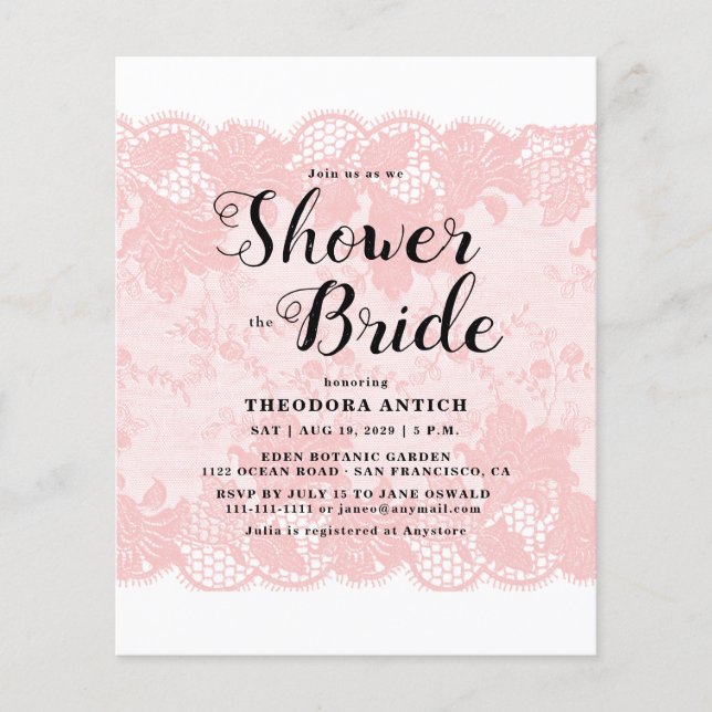Budget Pink Lace Bridal Shower Invitation (Devant)