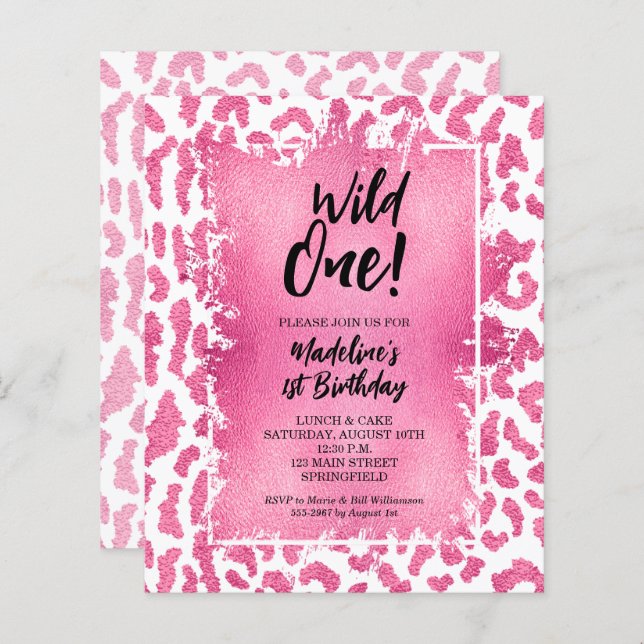 Budget Pink Leopard Wild Un 1er anniversaire Invit (Devant / Derrière)