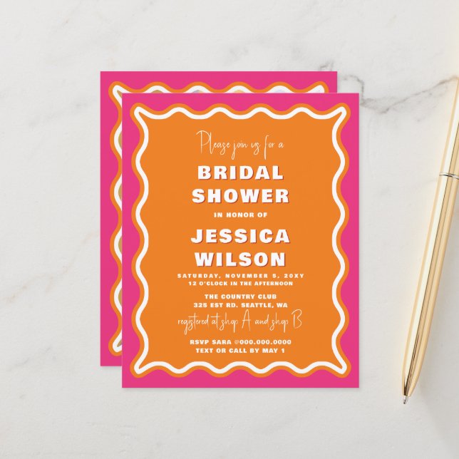 Budget Pink Orange Photo Bridal Shower Invitation (Devant/Arrière en situation)