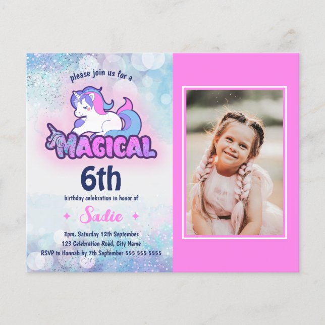 Budget Pink Purple Unicorn Photo Anniversaire Invi (Devant)