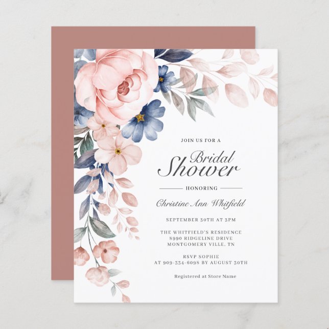 Budget Pink Script Floral Douche nuptiale Invitati (Devant / Derrière)