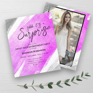 Budget Pink Silver Foil Surprise Sweet 16 Invitati