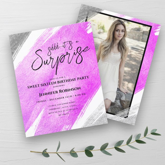 Budget Pink Silver Foil Surprise Sweet 16 Invitati (Budget Pink Silver Foil Surprise Sweet 16 Invites )