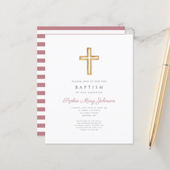 Budget Pink Stripes Cross Religieux Girl Baptism (Devant/Arrière en situation)