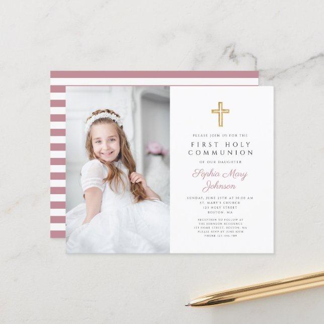 Budget Pink Stripes Photo Girl First Communion (Devant/Arrière en situation)