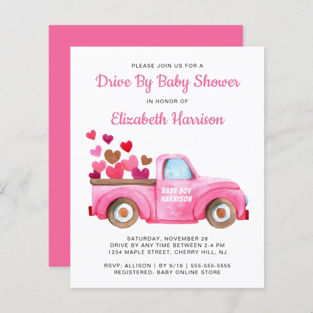 Budget Pink Truck Drive Par Baby shower Invitation (Devant / Derrière)