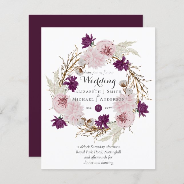 Budget Plum Blooms Blush Wreath Wedding Invite (Devant / Derrière)