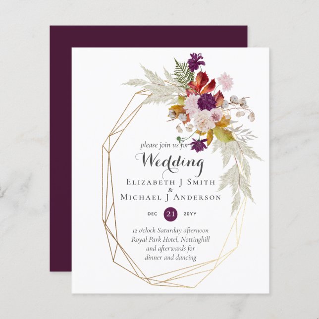 Budget Plum Blooms Ginger Floral Mariage Invite (Devant / Derrière)