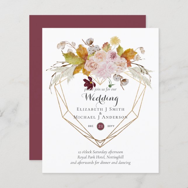 Budget plum Blush rose Floral Mariage Invite (Devant / Derrière)