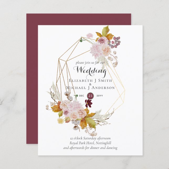 Budget plum Blush rose Floral Mariage Invite (Devant / Derrière)
