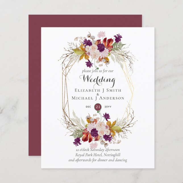 Budget plum Blush rose Floral Mariage Invite (Devant / Derrière)