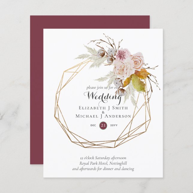 Budget plum Blush rose Floral Mariage Invite (Devant / Derrière)