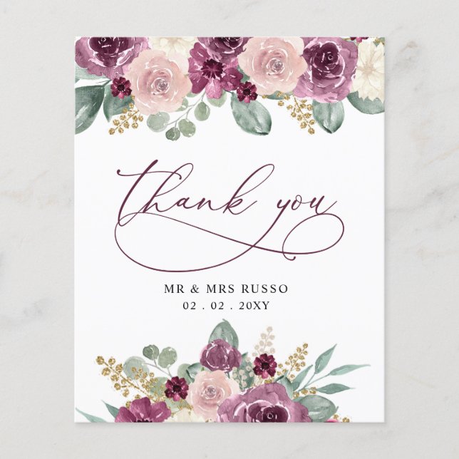 Budget Plum Floral Wedding Carte de remerciement (Devant)
