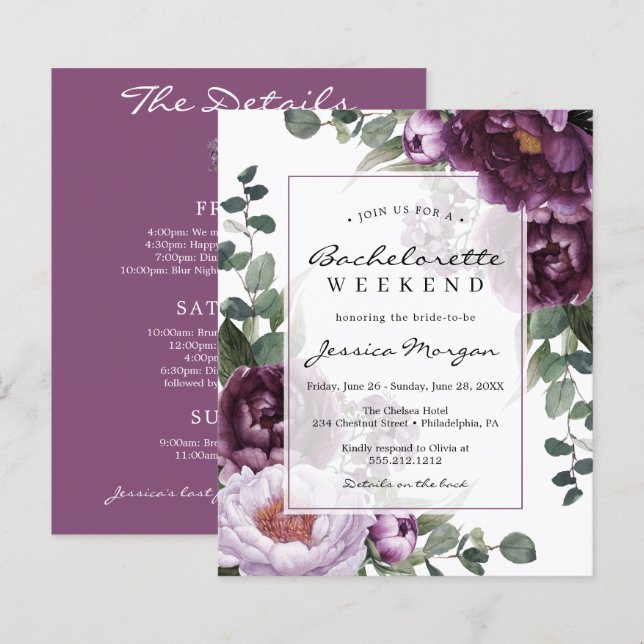 Budget Plum Peonies Bachelorette Party Invitation (Devant / Derrière)