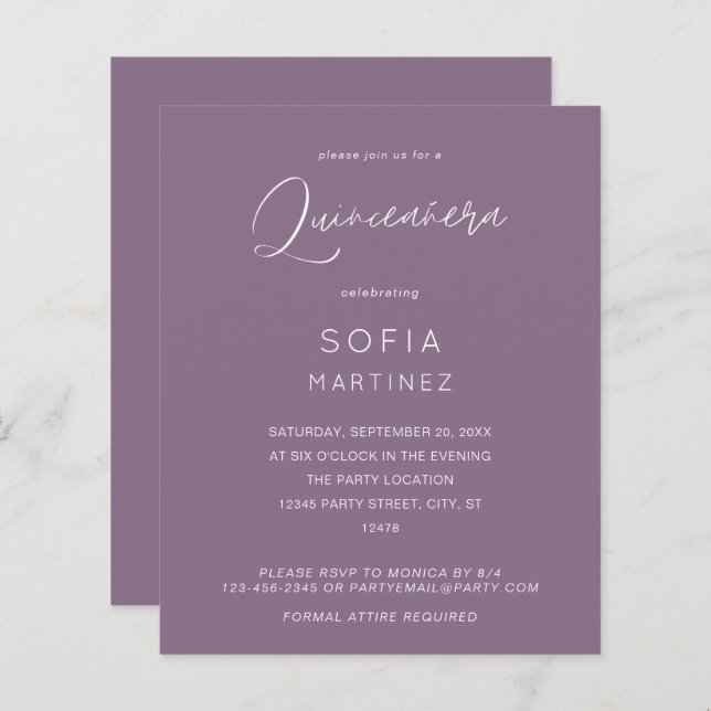 Budget Plum Purple MOD Calligraphie Quinceanera (Devant / Derrière)