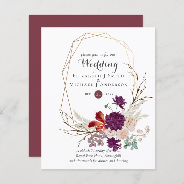 Budget Plum rose Ginger Floral Mariage Invite (Devant / Derrière)