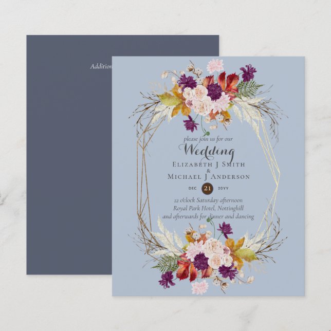 Budget Plum Rustique Floral Dusty Blue Invitations (Devant / Derrière)