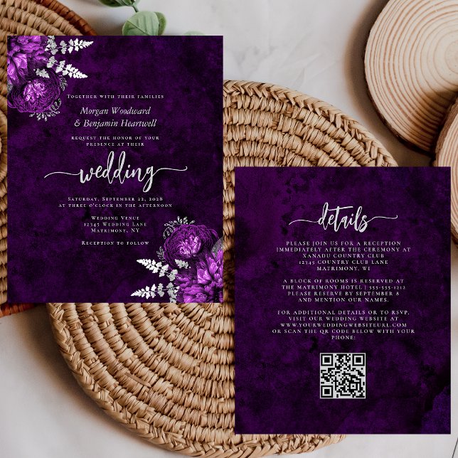 Budget Plum Silver Floral QR Code Wedding Invite (Créateur téléchargé)