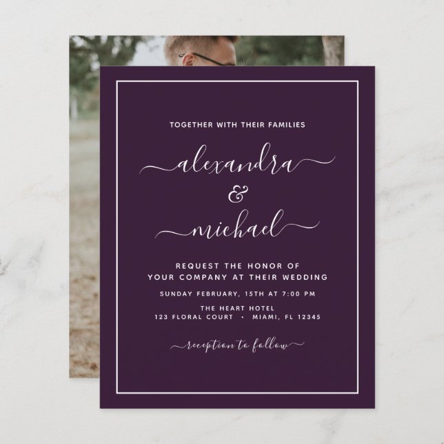 Budget Plum violet Mariage avec invitation photo (Devant / Derrière)