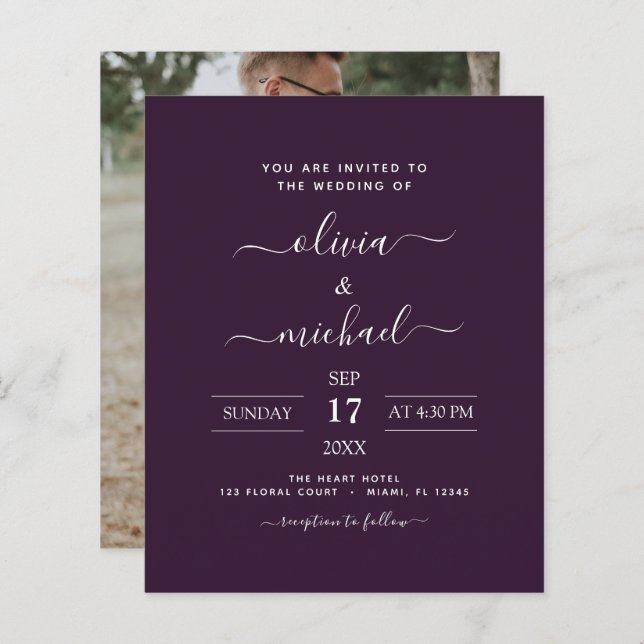 Budget Plum violet Mariage avec invitation photo (Devant / Derrière)