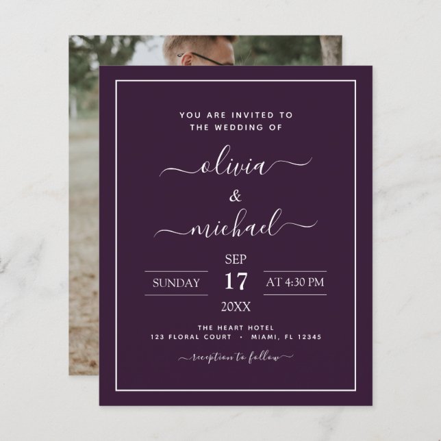 Budget Plum violet Mariage avec invitation photo (Devant / Derrière)