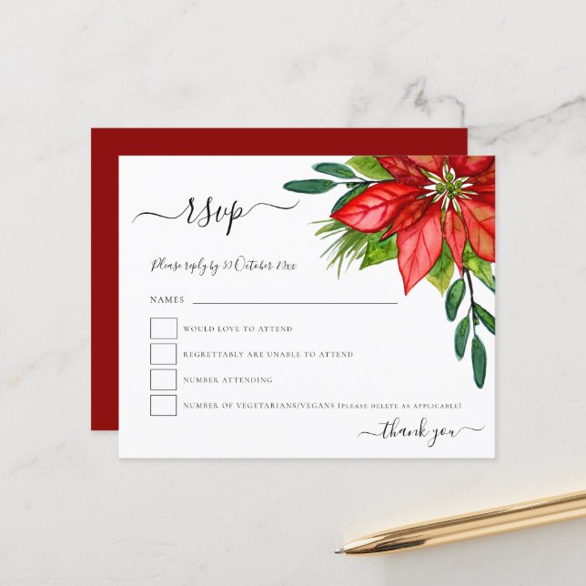 Budget Poinsettia Foliage Noel Mariage RSVP (Devant/Arrière en situation)