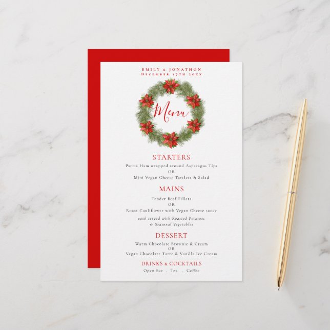 Budget Poinsettia Wreath Christmas Mariage Menu (Devant/Arrière en situation)