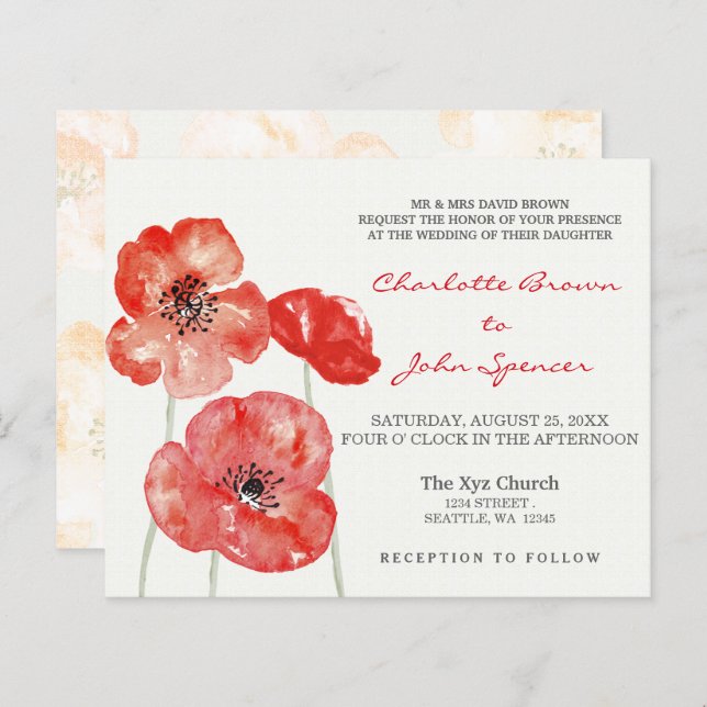 Budget Poppies Invitations de mariage florales mod (Devant / Derrière)