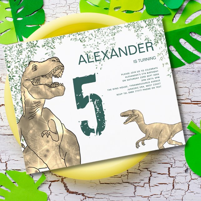 Budget pour la fête d'anniversaire des 5 ans de Di (T-Rex and velociraptor Dinosaur jungle birthday party invitation modern green typography )