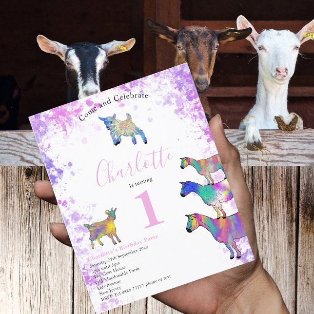 Budget pour la fête du premier anniversaire de la  (Cute goats colorful farm animal watercolor art 1st birthday party pink budget invitation )