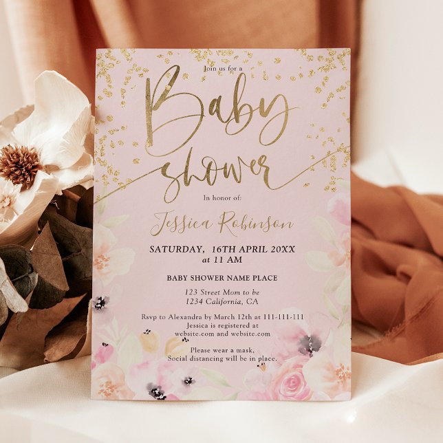 Budget pour une baby shower avec aquarelle florale (Gold floral watercolor baby shower budget invitation)