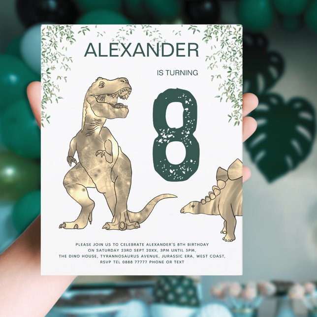 Budget pour une fête d'anniversaire de garçons ave (T-Rex Dinosaur jungle 8th birthday party budget invitation with modern green typography )