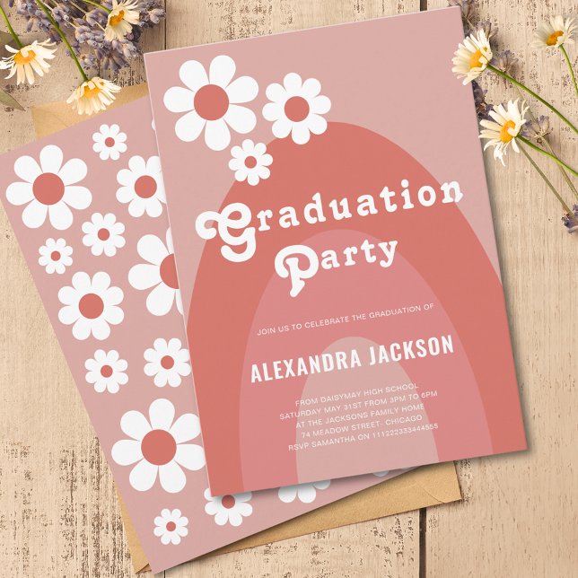 Budget pour une fête de fin d'études avec une arch (Retro 70s vintage floral arch graduation party budget invitation with simple orange daisy pattern)
