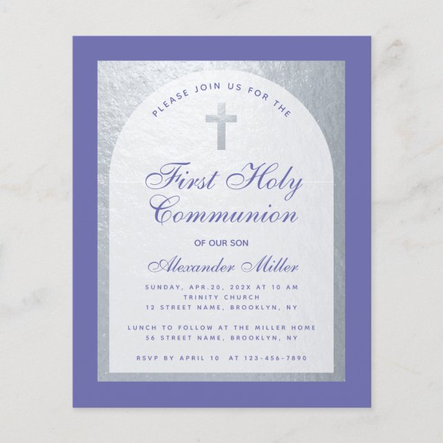 Budget Première Communion Argent Violet Invitation (Devant)