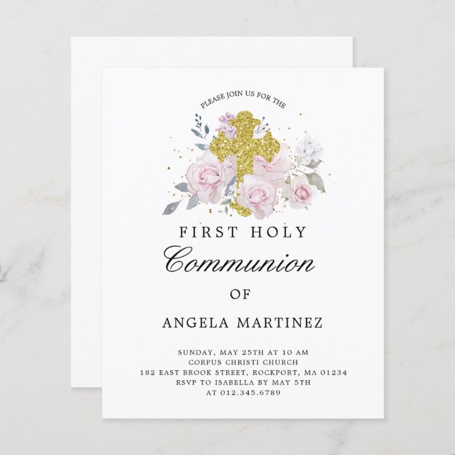 Budget Première Communion rose Floral Invitation (Devant / Derrière)