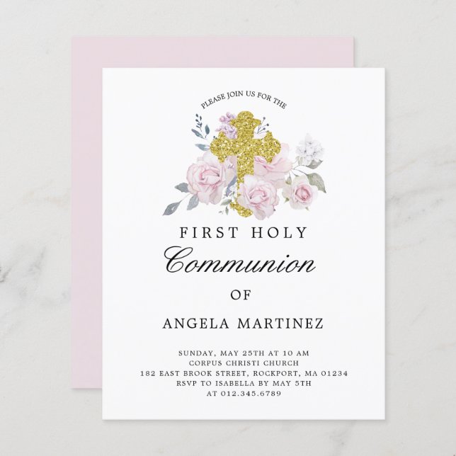 Budget Première Communion rose Floral Invitation (Devant / Derrière)