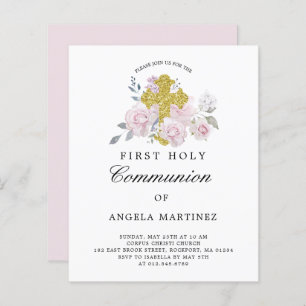 Budget Première Communion rose Floral Invitation