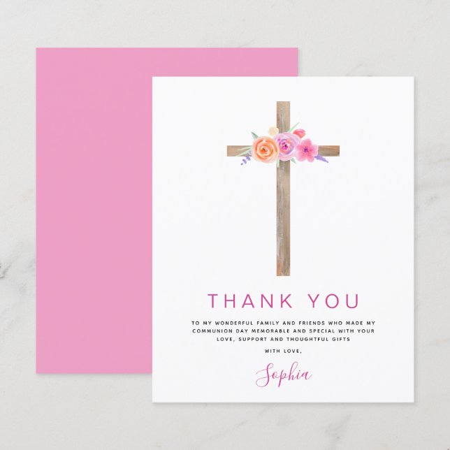 Budget Première Sainte Communion Merci Floral rose (Devant / Derrière)