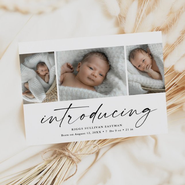 Budget Présentation du Carte de remerciements phot (Modern introducing script 3 photo birth announcement baby thank you cards.)