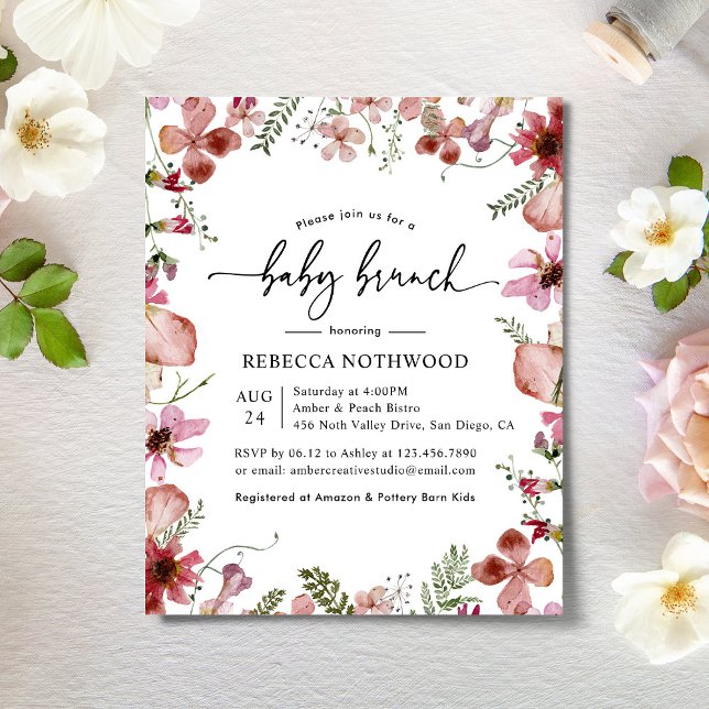 Budget Pressé Florales Rose Bébé Brunch Invitation (Créateur téléchargé)
