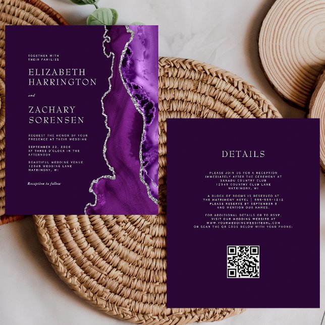 Budget Purple Agate Argent QR Code Mariage Invitat (Créateur téléchargé)