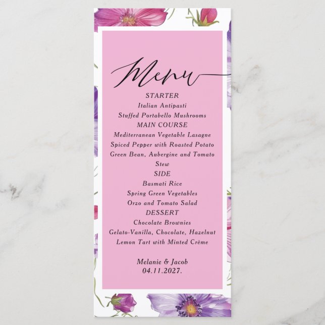 Budget Purple and Pink Floral Wedding  Menu (Devant)