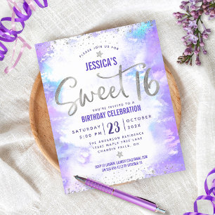 Budget Purple Aquarelle Douce 16 Invitation Argent