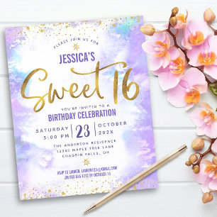 Budget Purple Aquarelle Sweet 16 Gold Invitation
