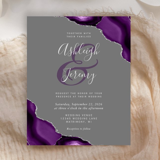 Budget Purple Argent Agate Gris Mariage Invitation (Créateur téléchargé)