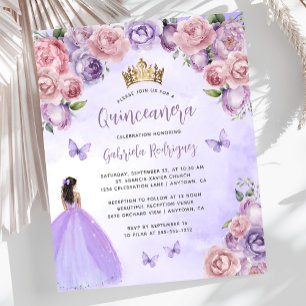 Budget Purple Blush Floral Quinceañera Invitation
