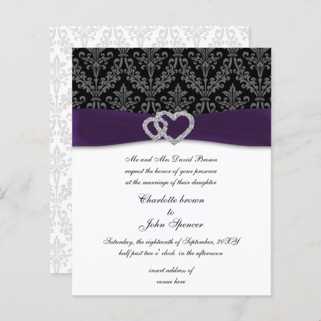 Budget Purple Damask Diamante Faire-part de mariag (Devant / Derrière)