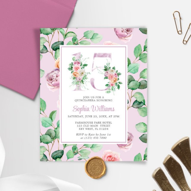 Budget Purple Fleurs Roses Quinceañera Invitation (Créateur téléchargé)