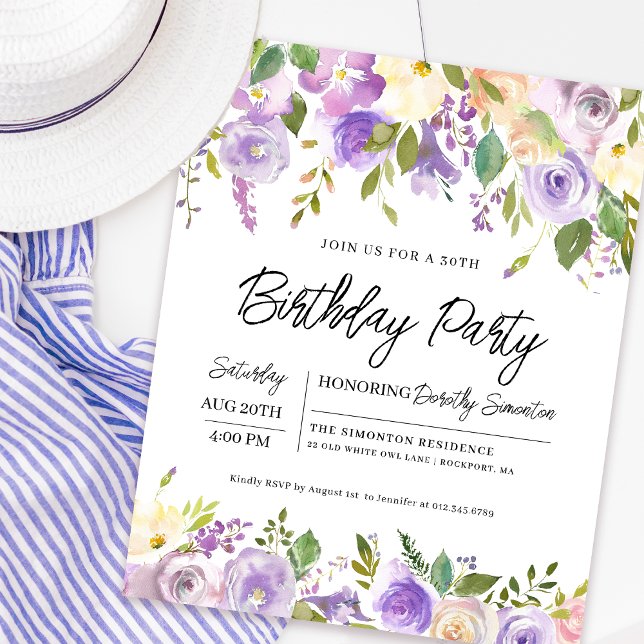 Budget Purple Floral 30e anniversaire Invitation (Matching welcome sign and party supplies available. Message me for help finding them. )